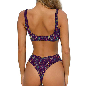 Purple Bohemian Dream Catcher Print Front Bow Tie Bikini