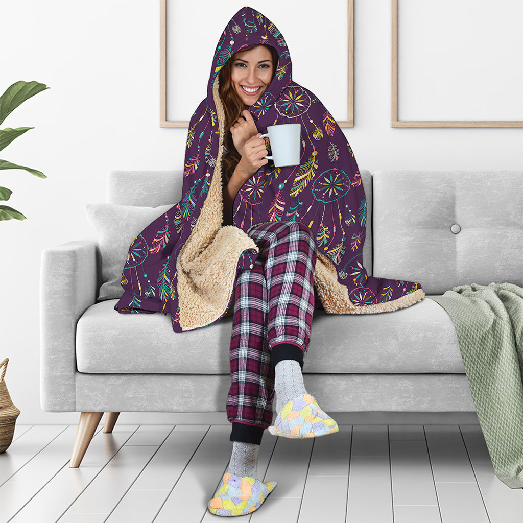 Purple Bohemian Dream Catcher Print Hooded Blanket