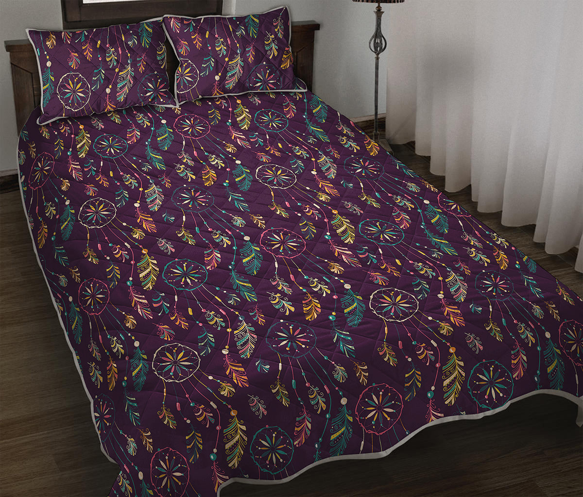 Purple Bohemian Dream Catcher Print Quilt Bed Set