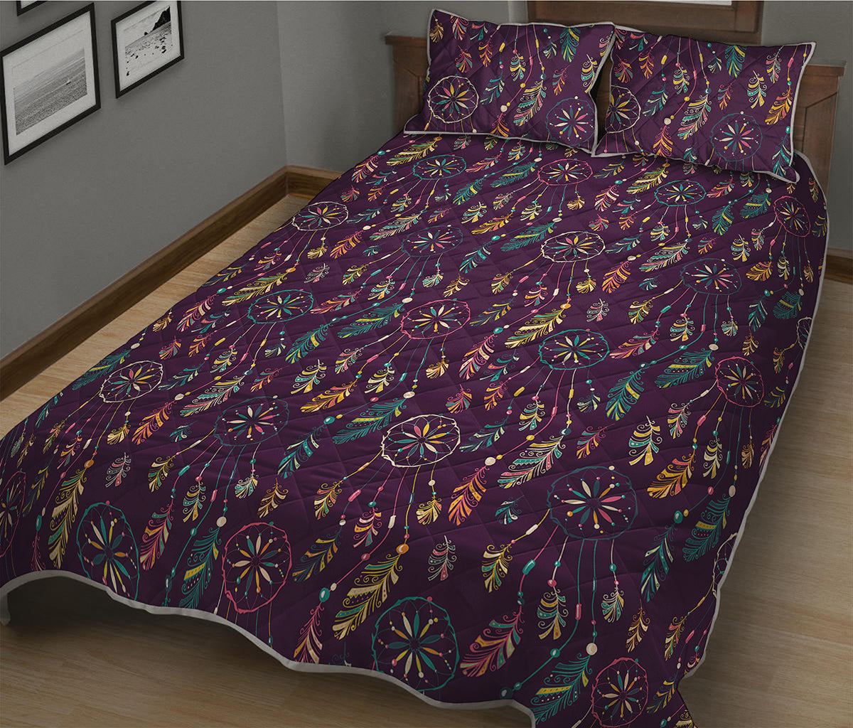 Purple Bohemian Dream Catcher Print Quilt Bed Set