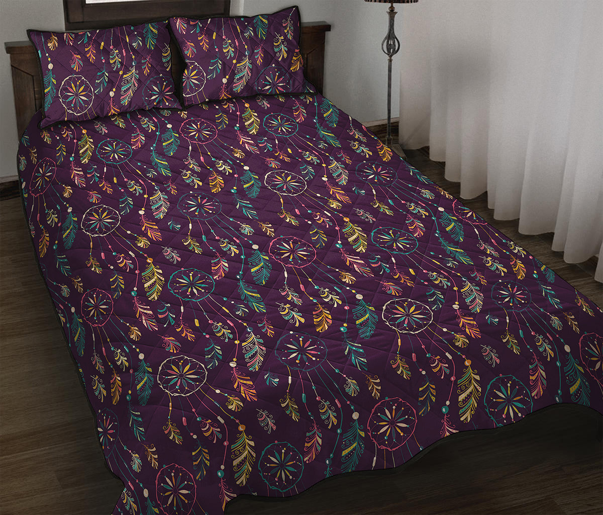 Purple Bohemian Dream Catcher Print Quilt Bed Set