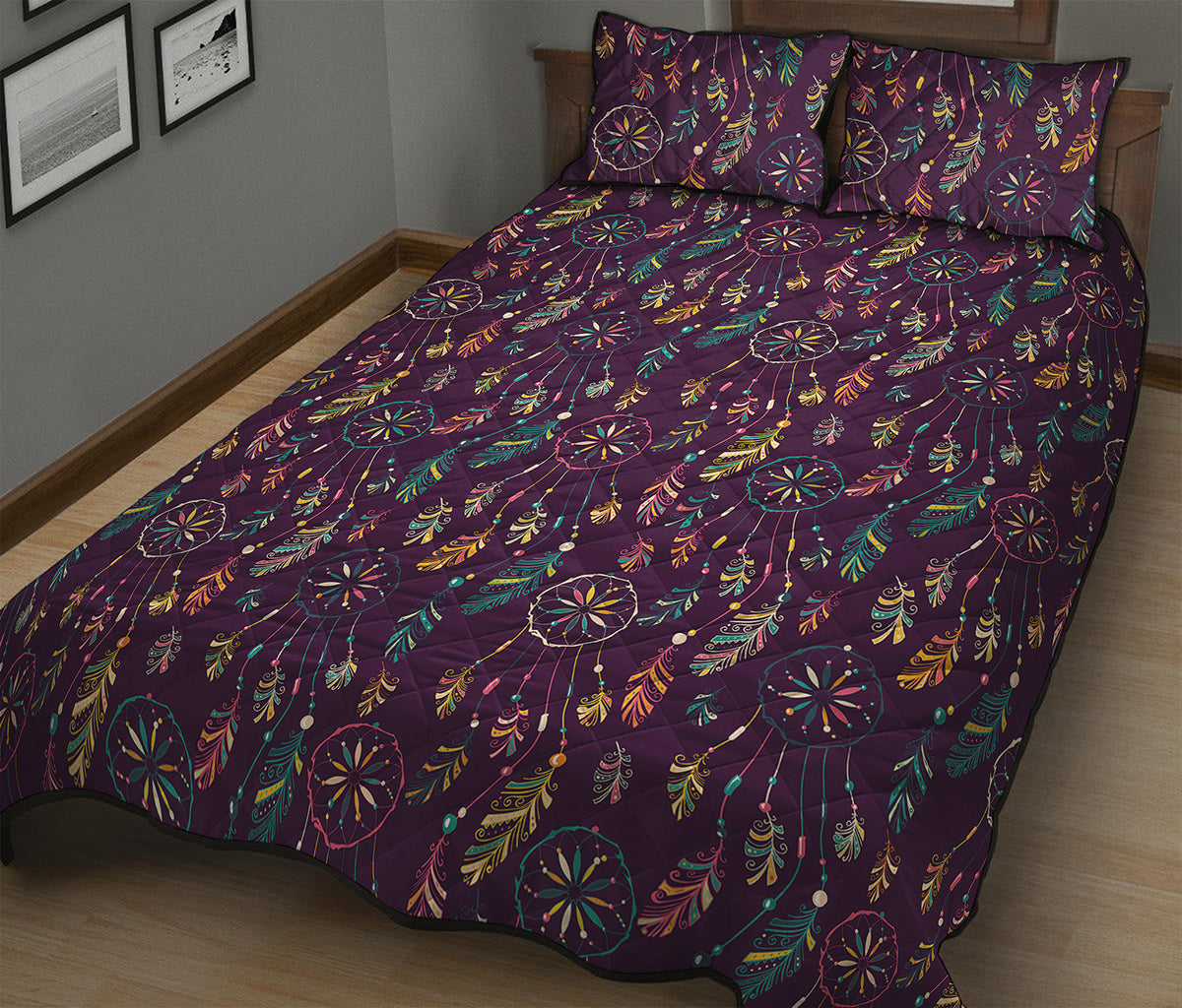 Purple Bohemian Dream Catcher Print Quilt Bed Set