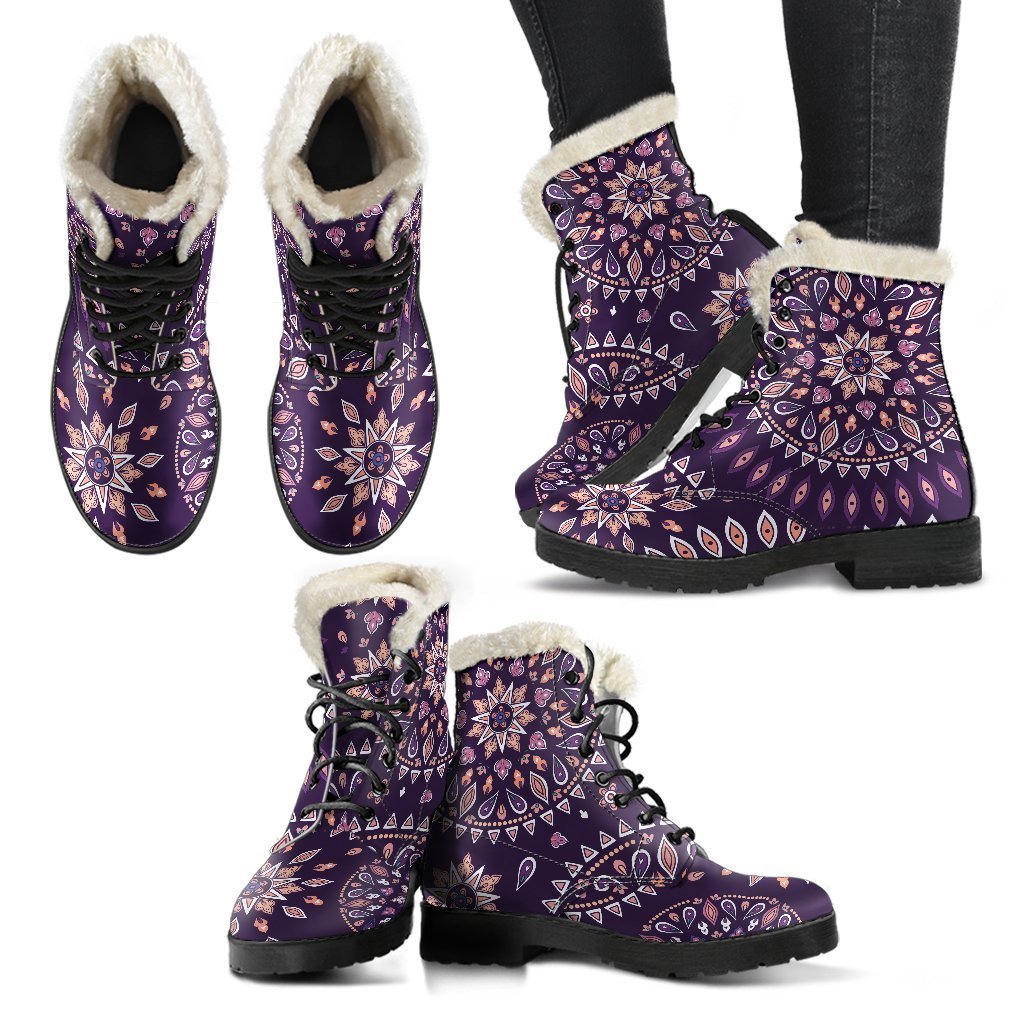 Purple Bohemian Mandala Pattern Print Comfy Boots GearFrost