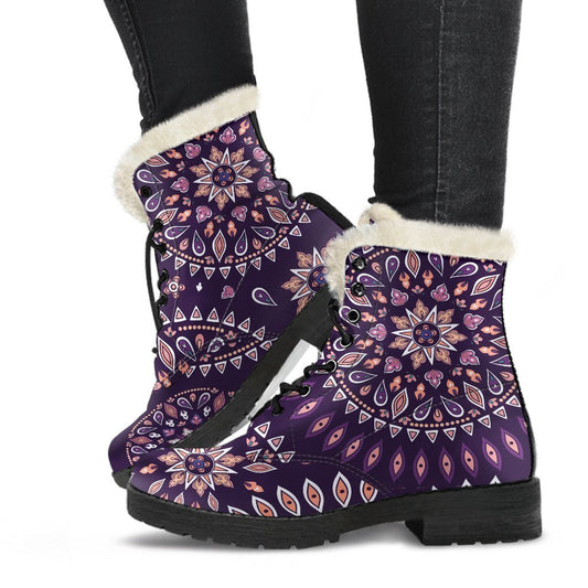 Purple Bohemian Mandala Pattern Print Comfy Boots GearFrost