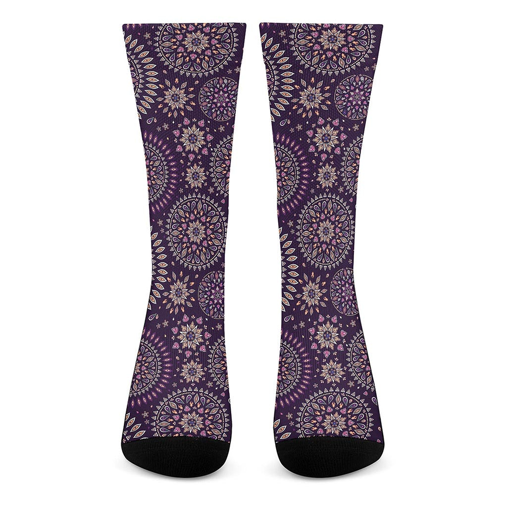 Purple Bohemian Mandala Pattern Print Crew Socks
