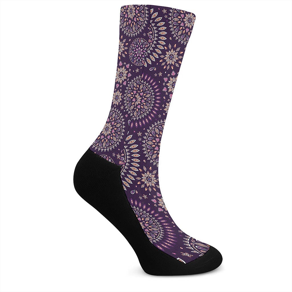 Purple Bohemian Mandala Pattern Print Crew Socks