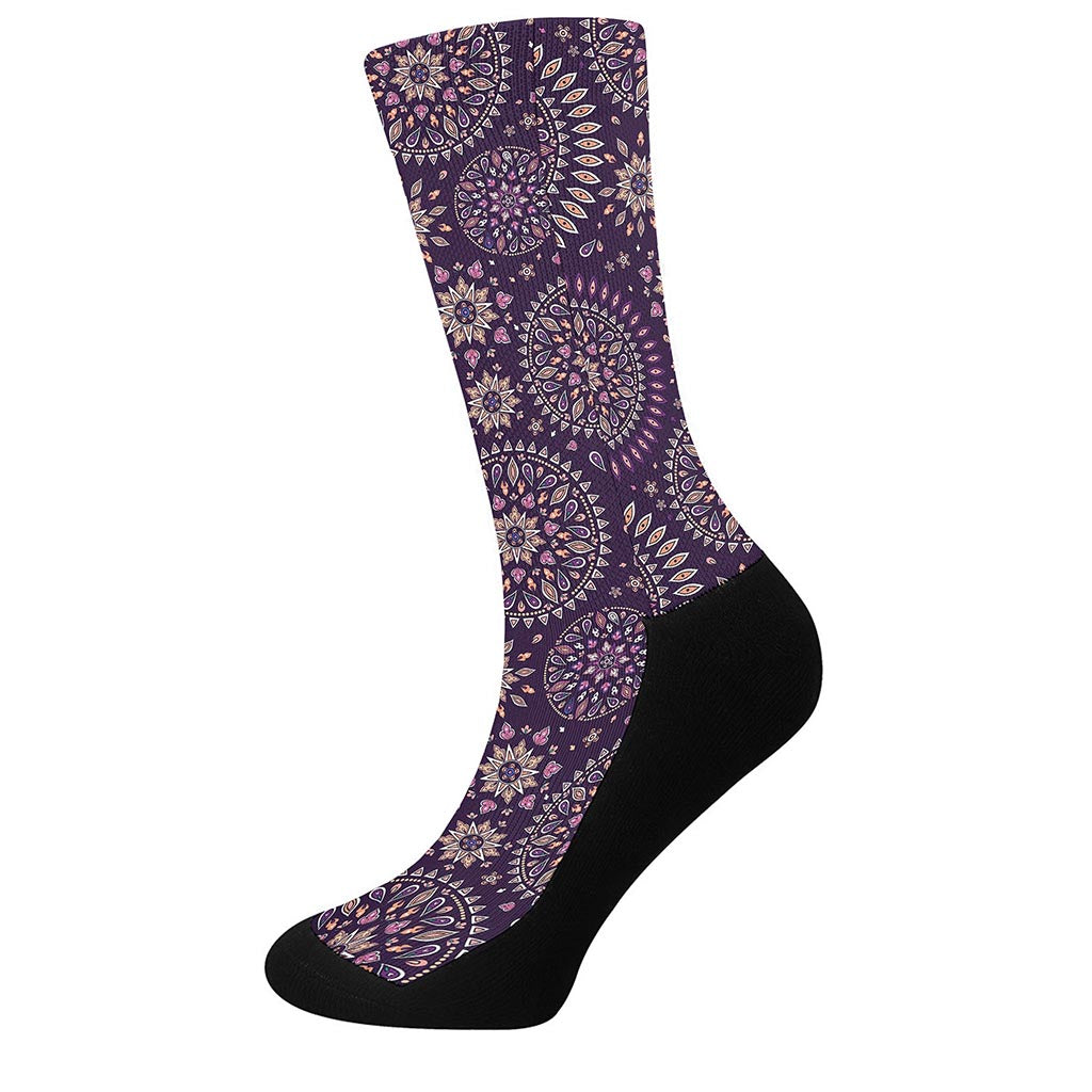 Purple Bohemian Mandala Pattern Print Crew Socks