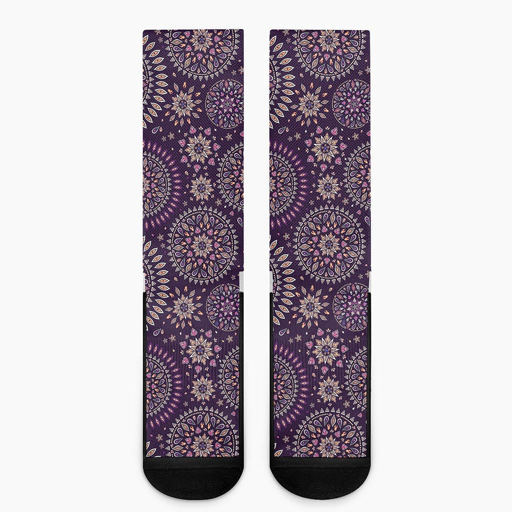 Purple Bohemian Mandala Pattern Print Crew Socks