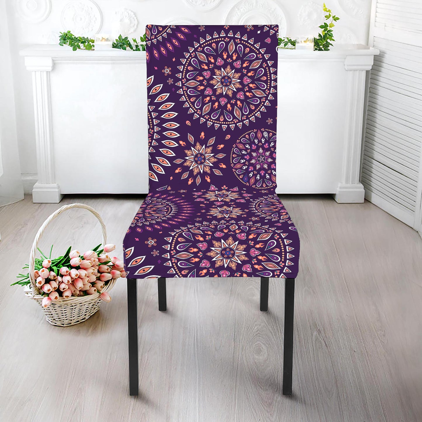 Purple Bohemian Mandala Pattern Print Dining Chair Slipcover