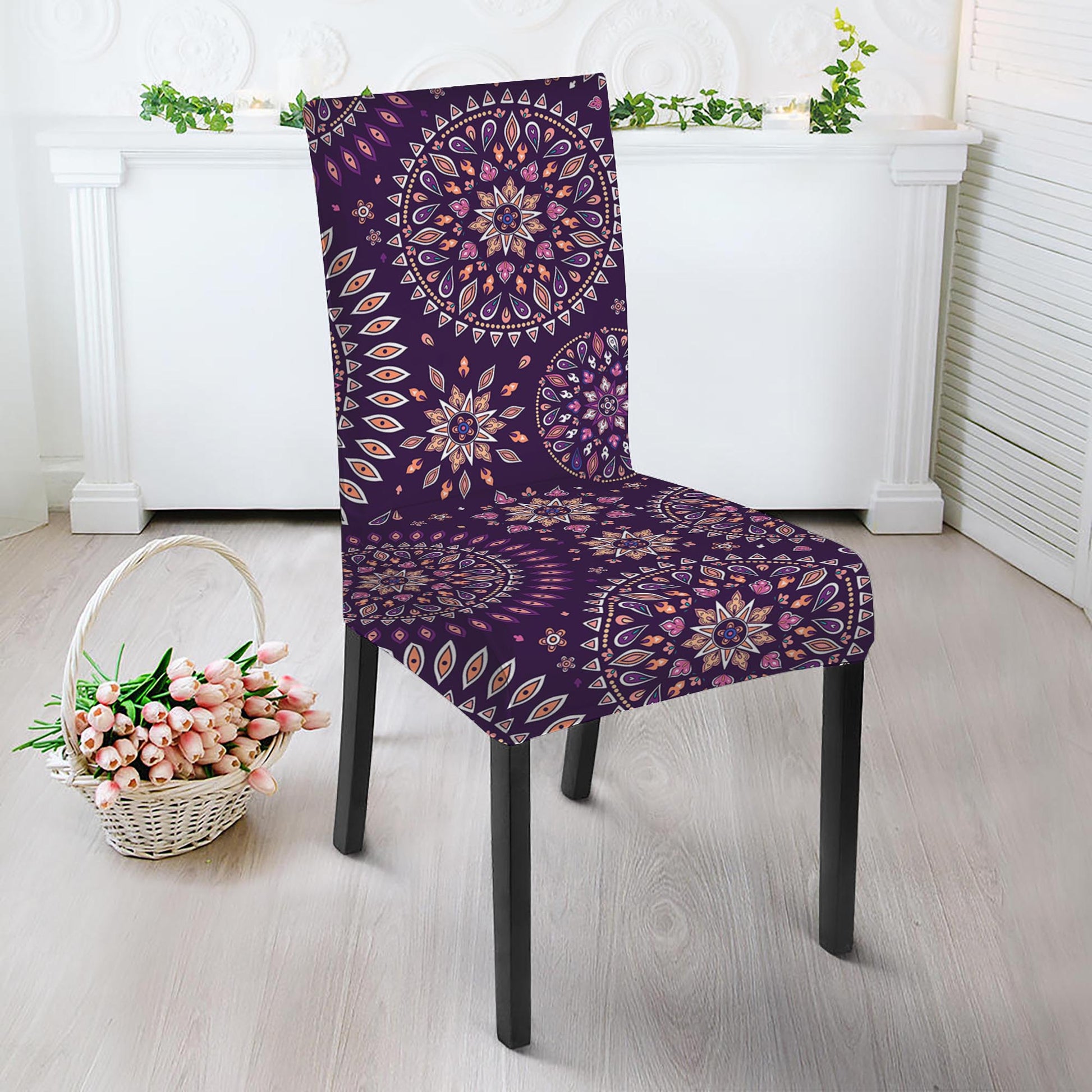 Purple Bohemian Mandala Pattern Print Dining Chair Slipcover
