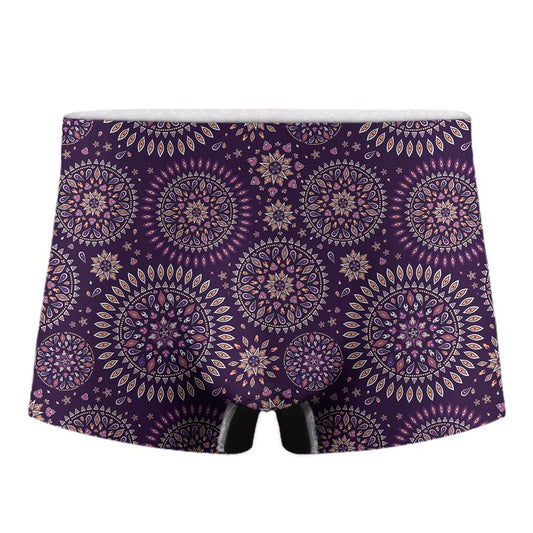 Purple Bohemian Mandala Pattern Print Men's Boxer Briefs