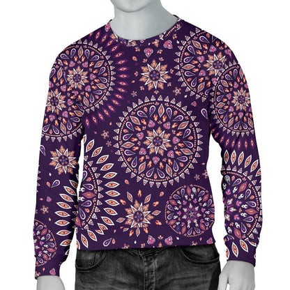 Purple Bohemian Mandala Pattern Print Men's Crewneck Sweatshirt GearFrost