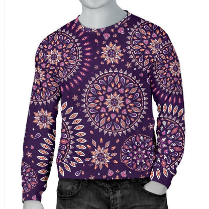 Purple Bohemian Mandala Pattern Print Men's Crewneck Sweatshirt GearFrost