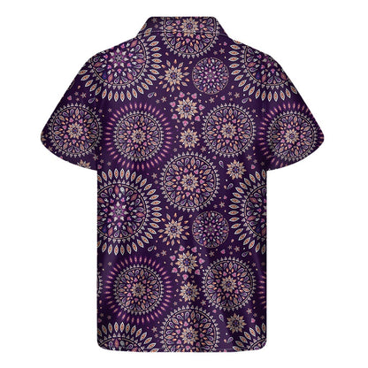 Purple Bohemian Mandala Pattern Print Men's Short Sleeve Shirt