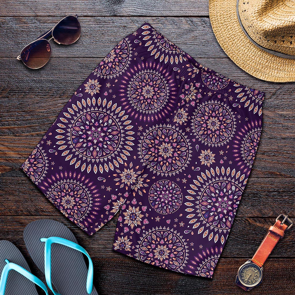 Purple Bohemian Mandala Pattern Print Men's Shorts