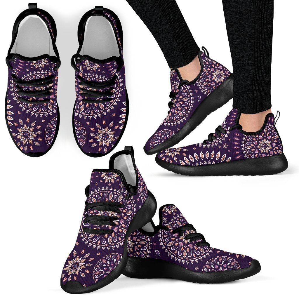 Purple Bohemian Mandala Pattern Print Mesh Knit Shoes GearFrost