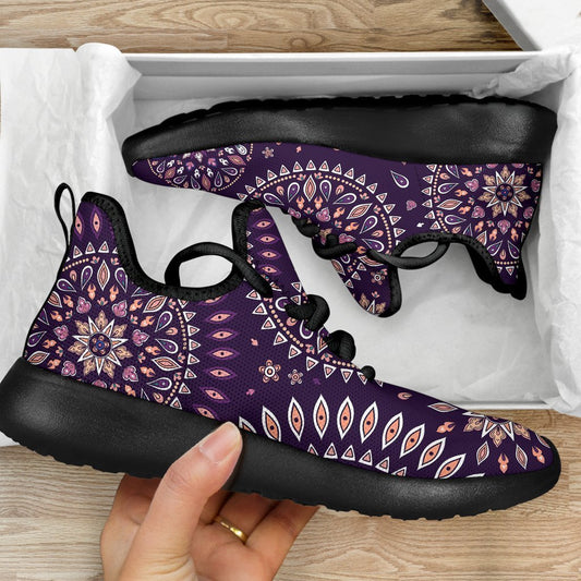 Purple Bohemian Mandala Pattern Print Mesh Knit Shoes GearFrost