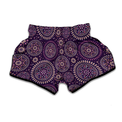 Purple Bohemian Mandala Pattern Print Muay Thai Boxing Shorts