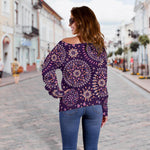 Purple Bohemian Mandala Pattern Print Off Shoulder Sweatshirt GearFrost