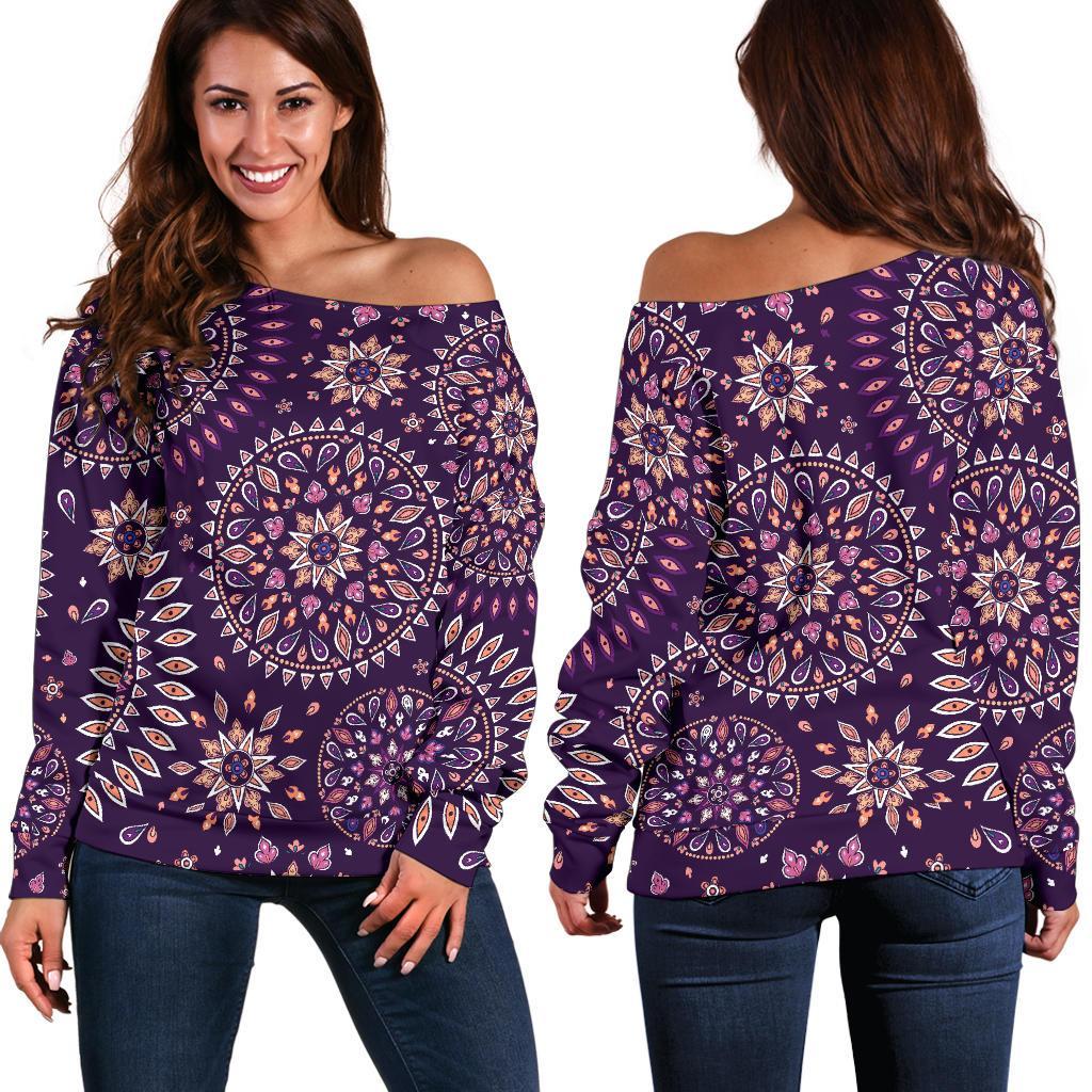 Purple Bohemian Mandala Pattern Print Off Shoulder Sweatshirt GearFrost