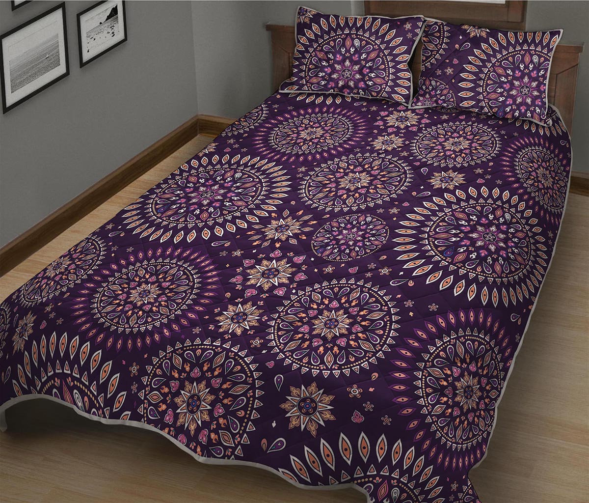 Purple Bohemian Mandala Pattern Print Quilt Bed Set