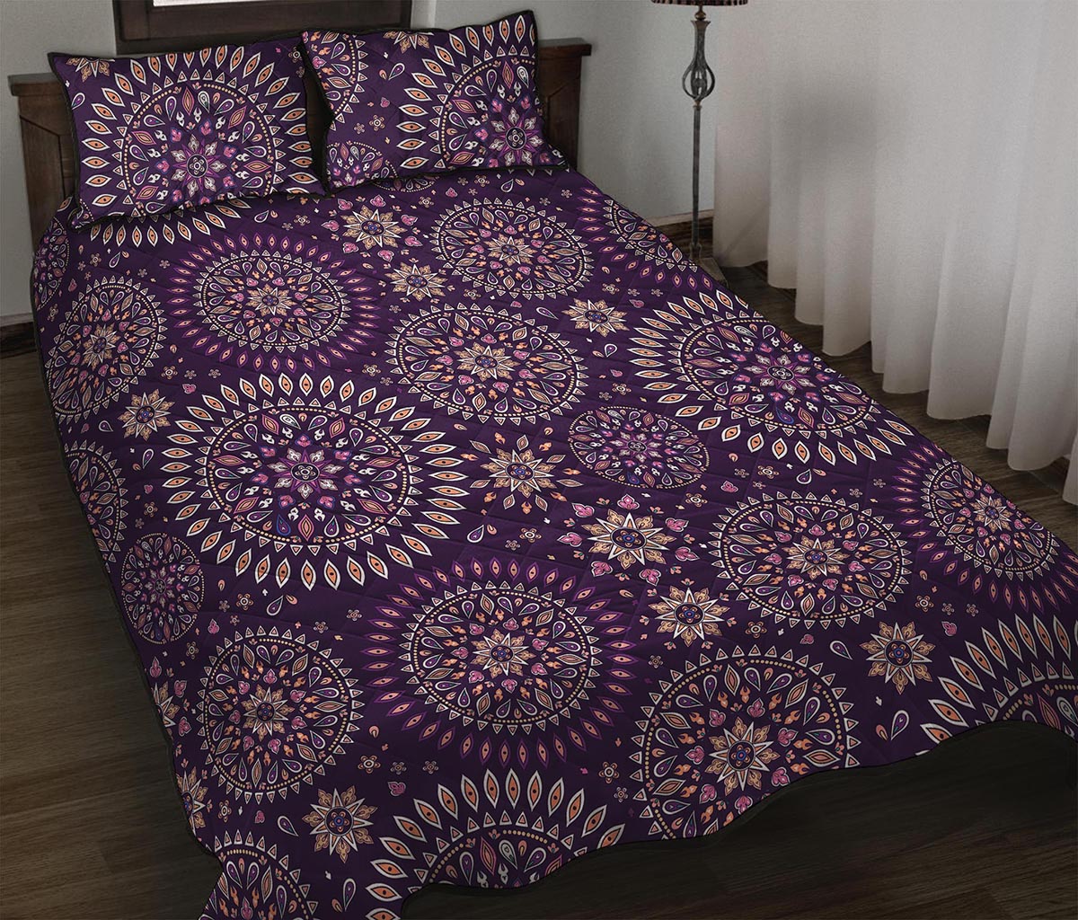 Purple Bohemian Mandala Pattern Print Quilt Bed Set