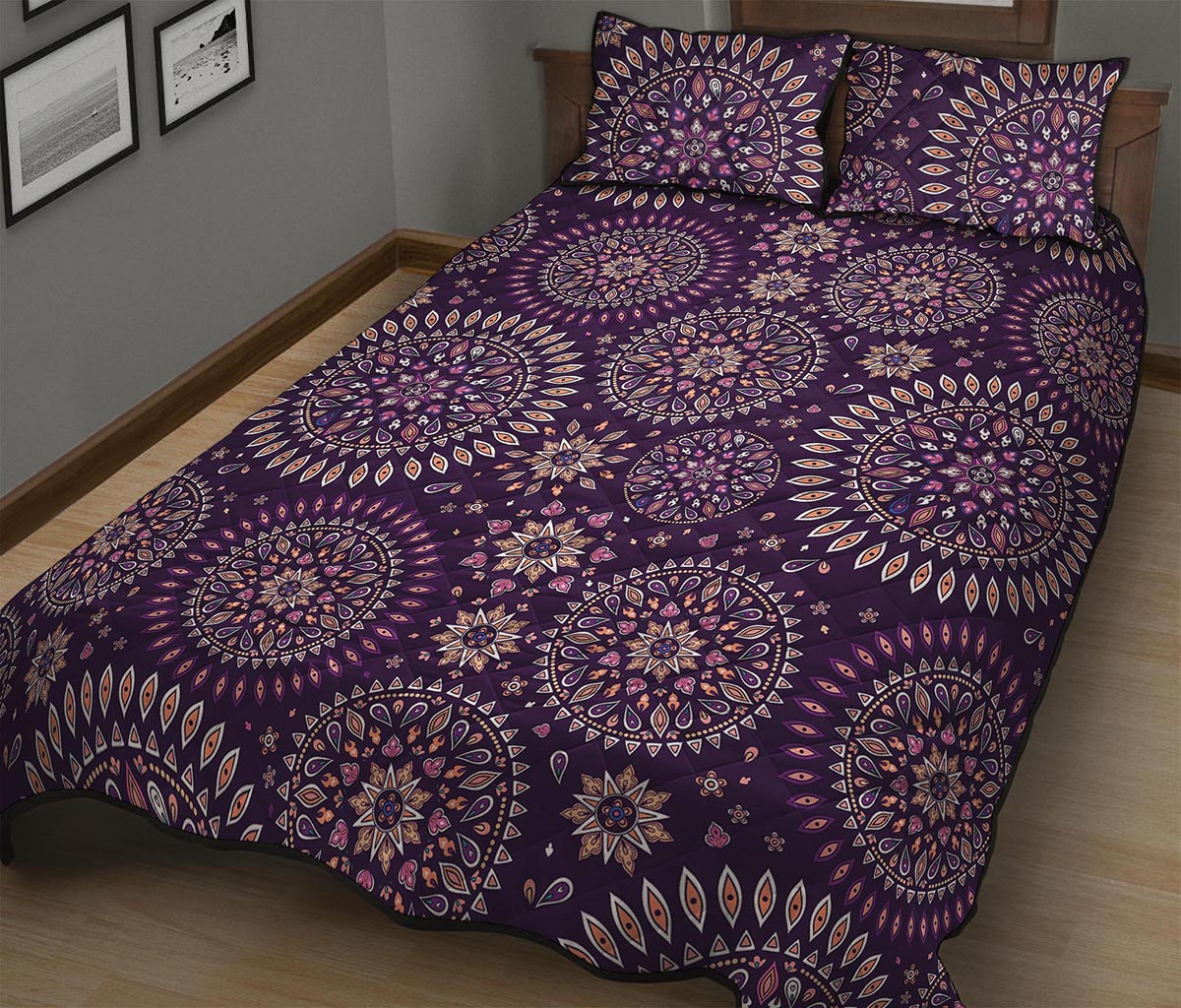 Purple Bohemian Mandala Pattern Print Quilt Bed Set