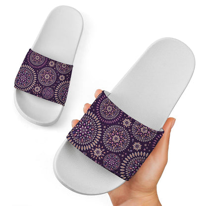 Purple Bohemian Mandala Pattern Print White Slide Sandals