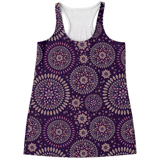 Purple Bohemian Mandala Pattern Print Women's Racerback Tank Top