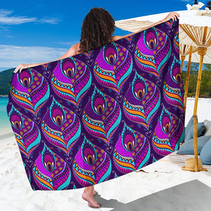 Purple Bohemian Peacock Feather Print Beach Sarong Wrap