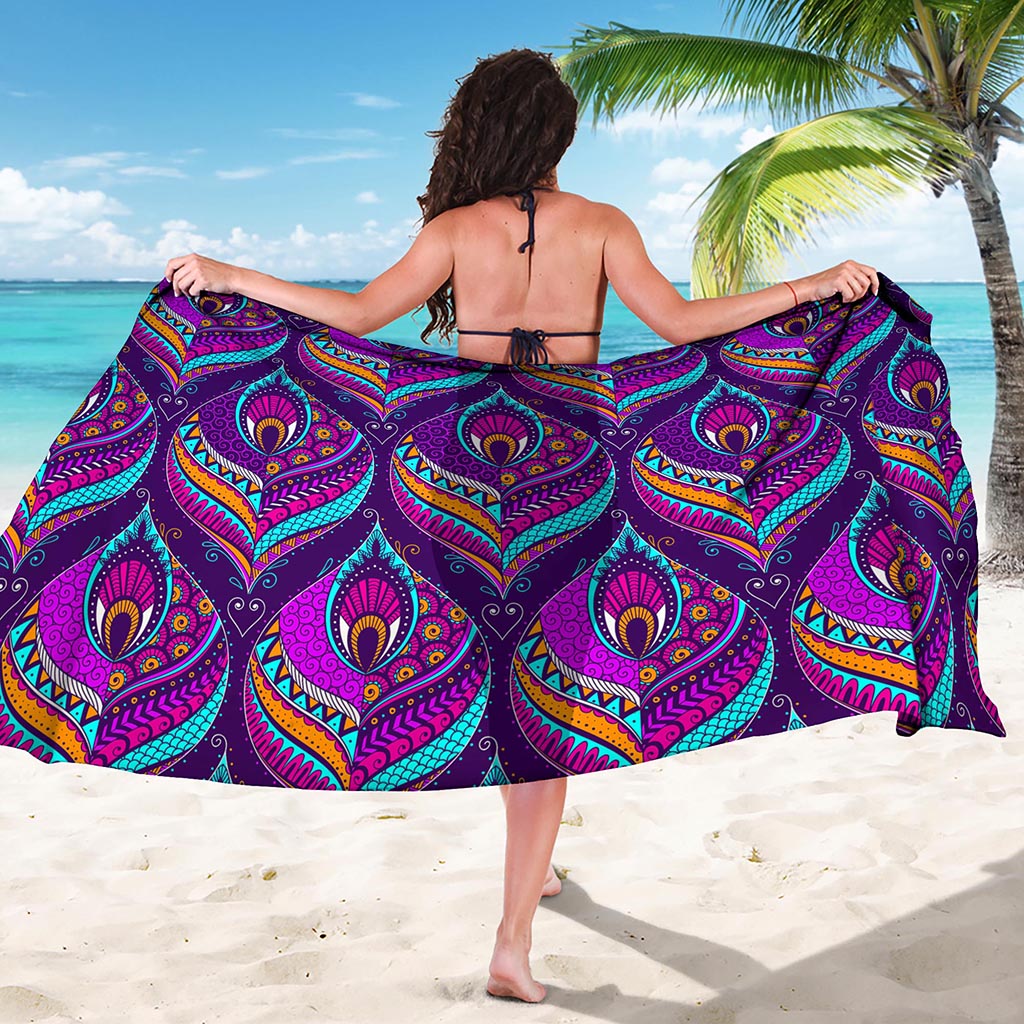 Purple Bohemian Peacock Feather Print Beach Sarong Wrap
