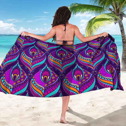Purple Bohemian Peacock Feather Print Beach Sarong Wrap