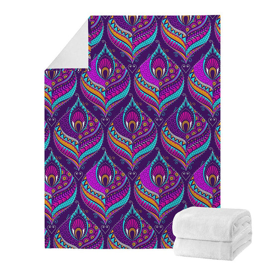 Purple Bohemian Peacock Feather Print Blanket
