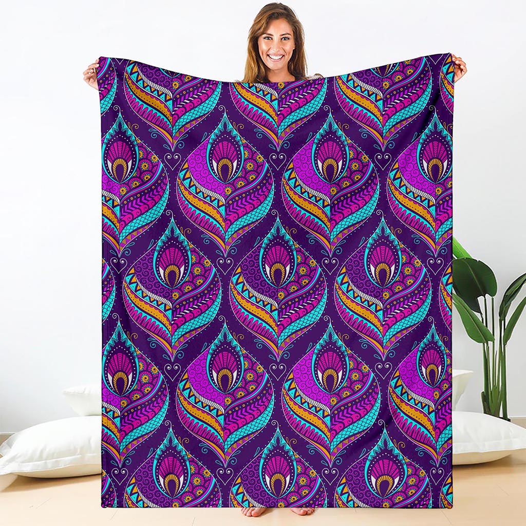 Purple Bohemian Peacock Feather Print Blanket