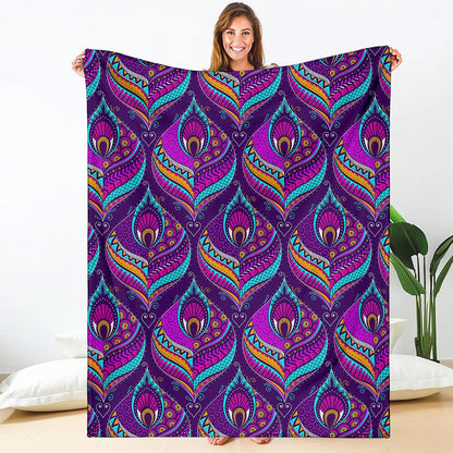 Purple Bohemian Peacock Feather Print Blanket