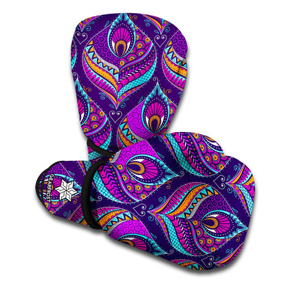 Purple Bohemian Peacock Feather Print Boxing Gloves