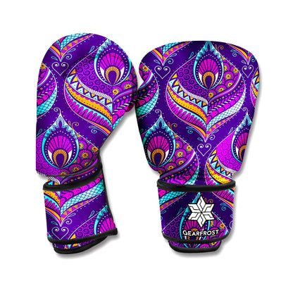 Purple Bohemian Peacock Feather Print Boxing Gloves