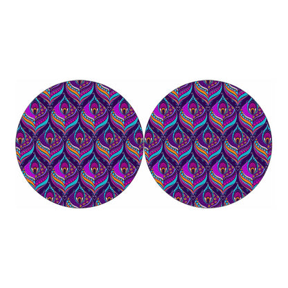 Purple Bohemian Peacock Feather Print Car Coasters