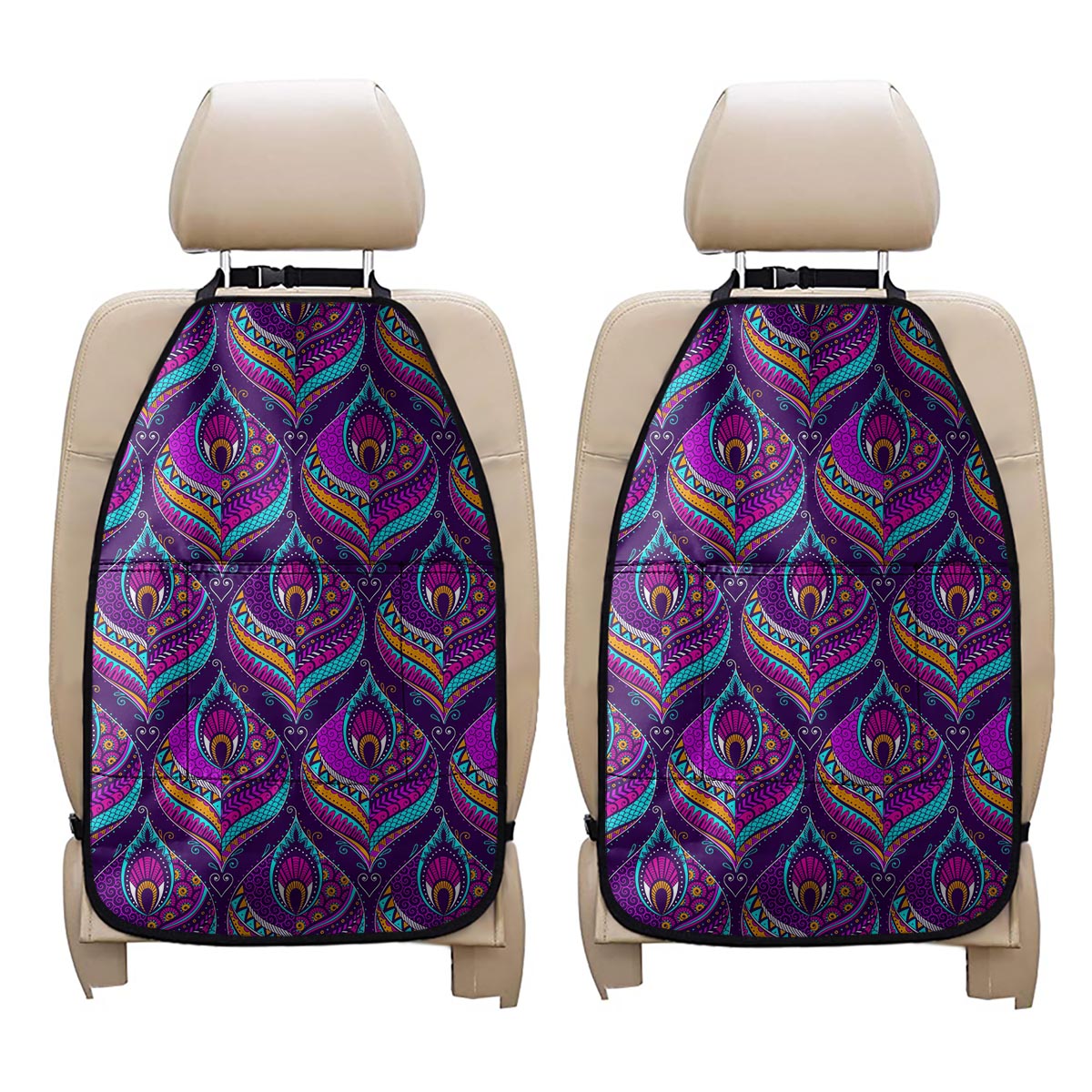 Purple Bohemian Peacock Feather Print Car Seat Organizers