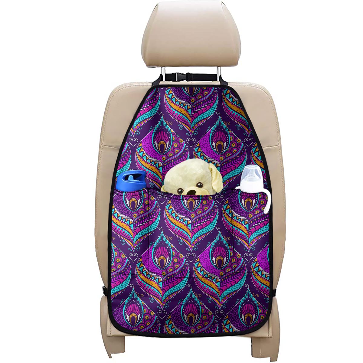 Purple Bohemian Peacock Feather Print Car Seat Organizers