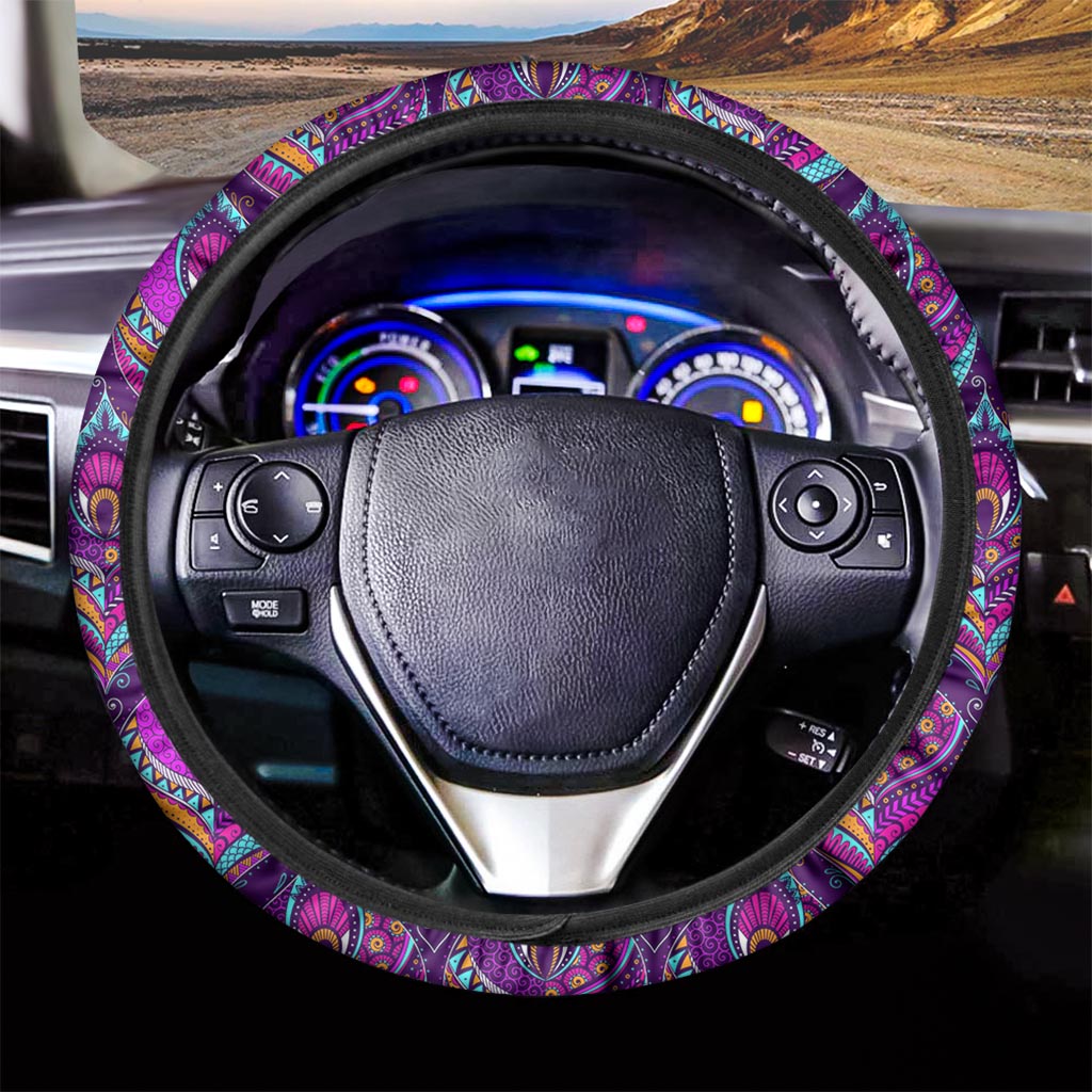 Purple Bohemian Peacock Feather Print Car Steering Wheel Cover