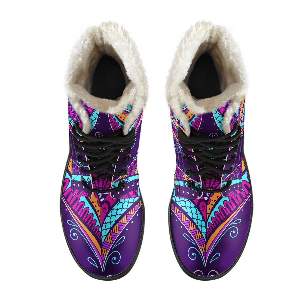 Purple Bohemian Peacock Feather Print Comfy Boots GearFrost