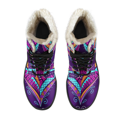 Purple Bohemian Peacock Feather Print Comfy Boots GearFrost