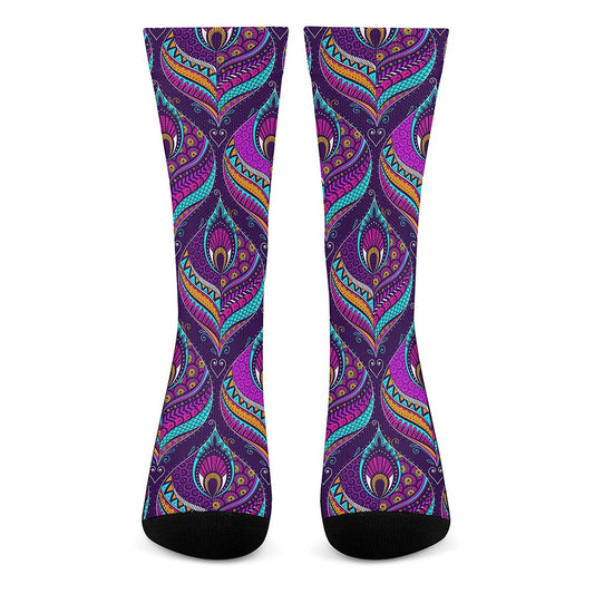 Purple Bohemian Peacock Feather Print Crew Socks