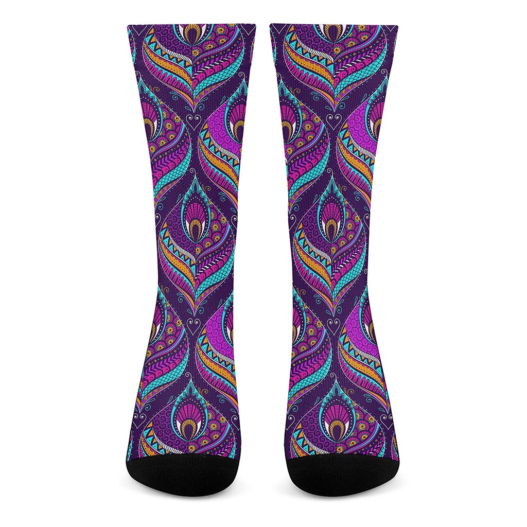 Purple Bohemian Peacock Feather Print Crew Socks