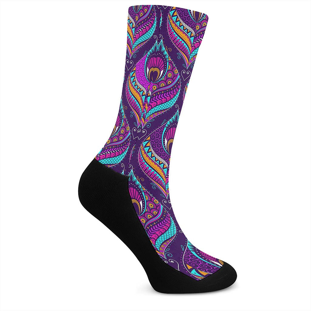 Purple Bohemian Peacock Feather Print Crew Socks