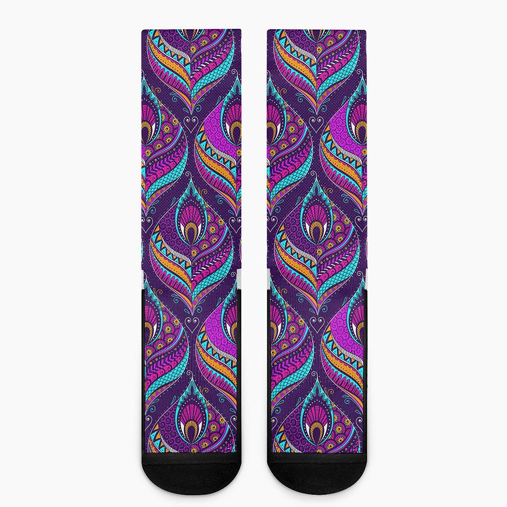 Purple Bohemian Peacock Feather Print Crew Socks