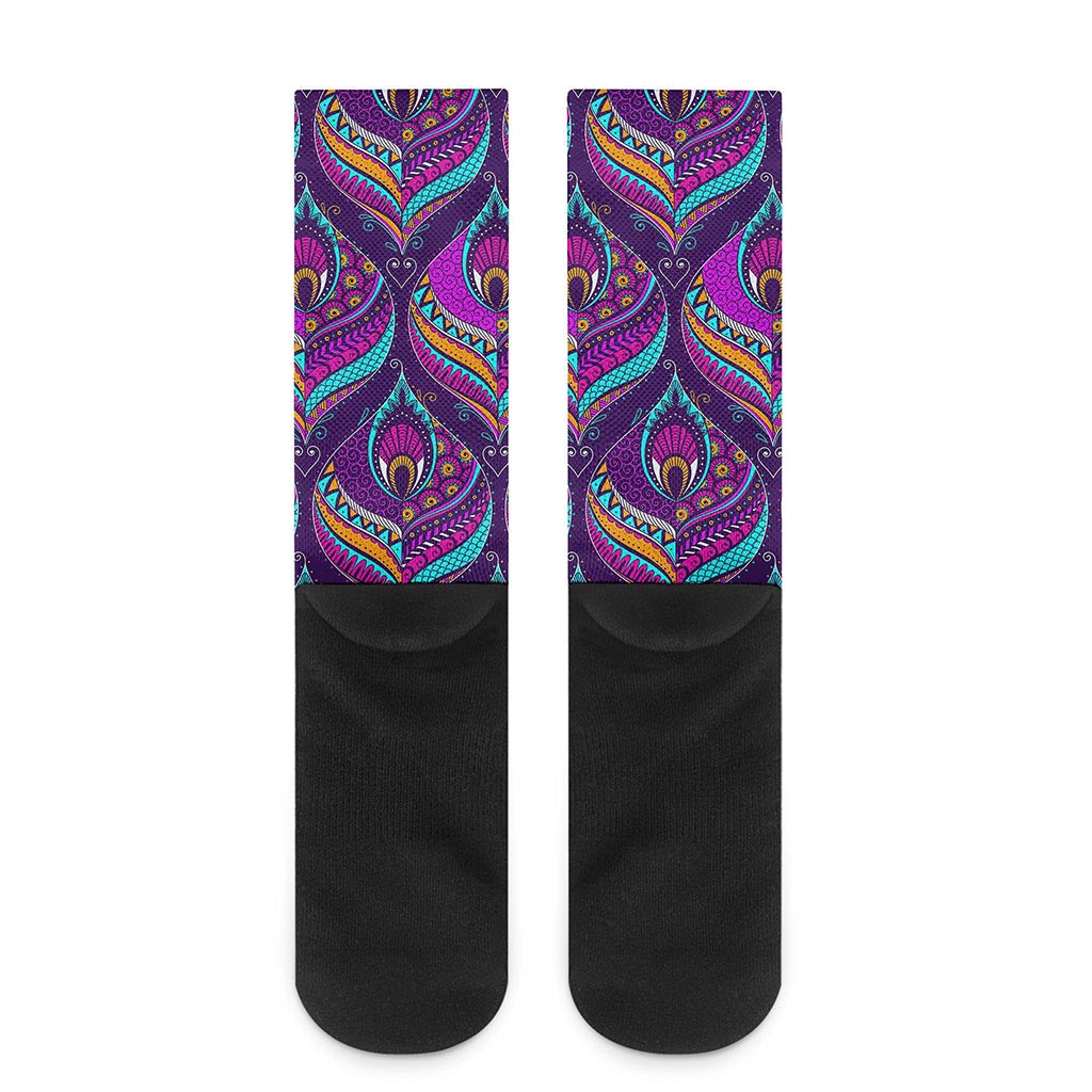 Purple Bohemian Peacock Feather Print Crew Socks