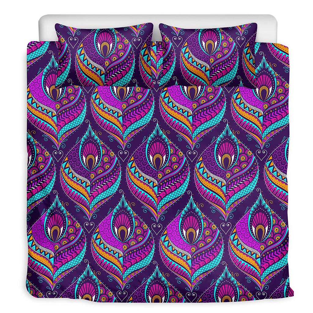 Purple Bohemian Peacock Feather Print Duvet Cover Bedding Set