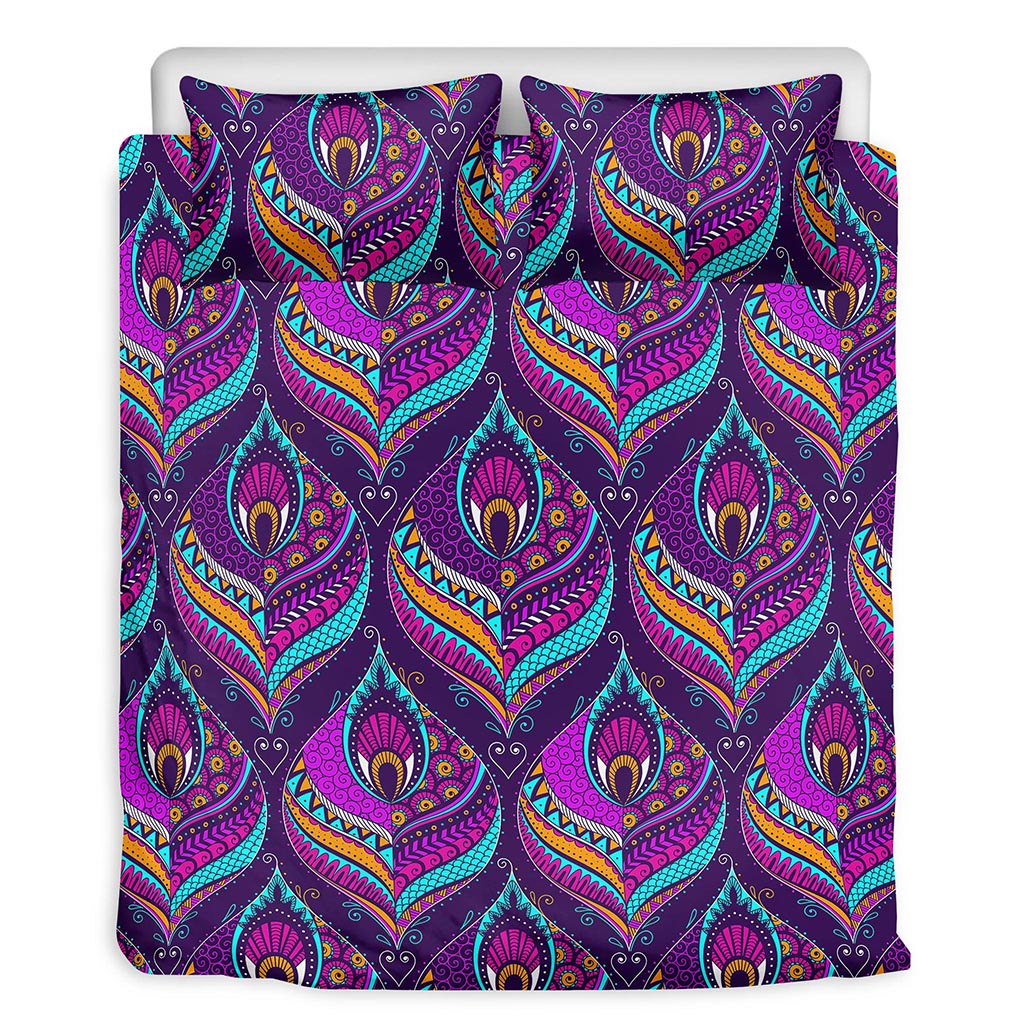 Purple Bohemian Peacock Feather Print Duvet Cover Bedding Set